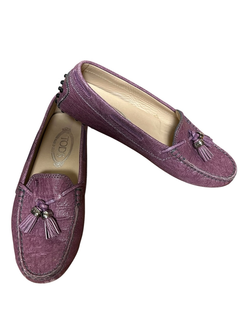 Tod's Gommino purple lizard-embossed leather tassel driving loafer moccasins 38 - Picture 3 of 16